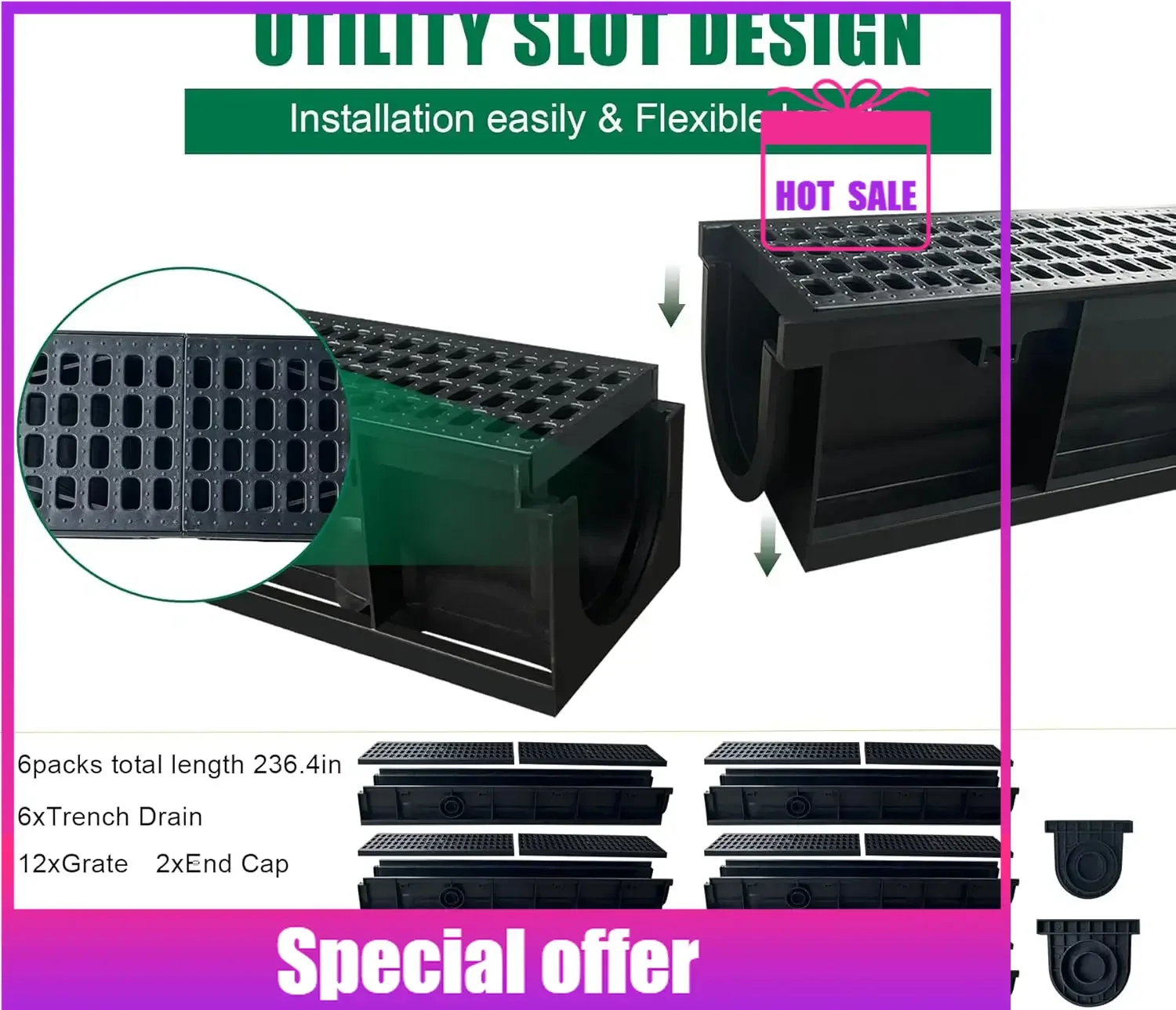 

Favorite Deep Profile HDPE Trench Drain-39.4Lx6.1Wx5.5H in. Channel Drain with Grates,6 Pack Total Length 236.22 in, Plastic Tre