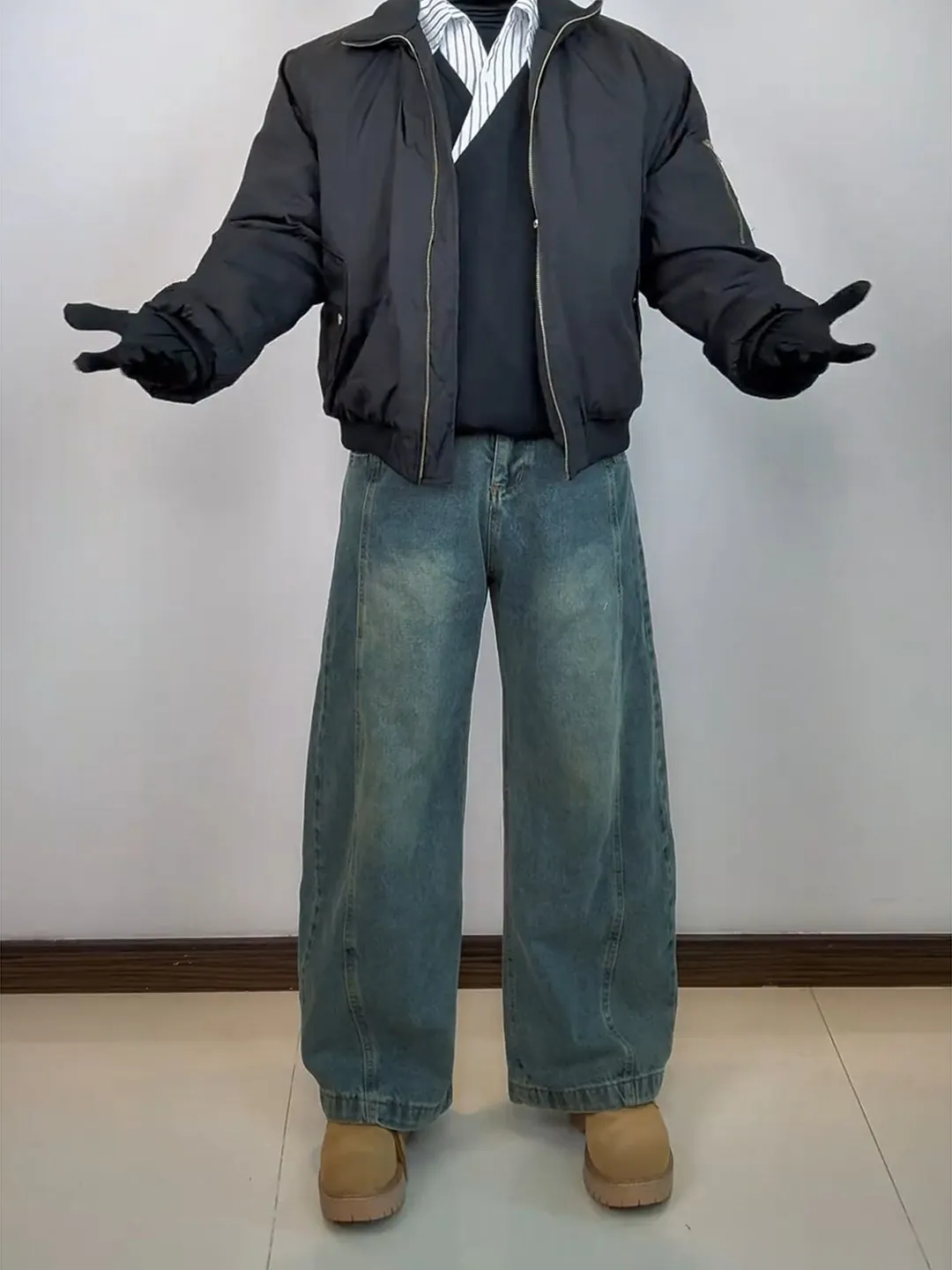 

American Sle Fce Lined Wide Leg Men's Jeans Winter Vintage Waed Knife Cleanfit Flared Trousers Casual Loose Fit