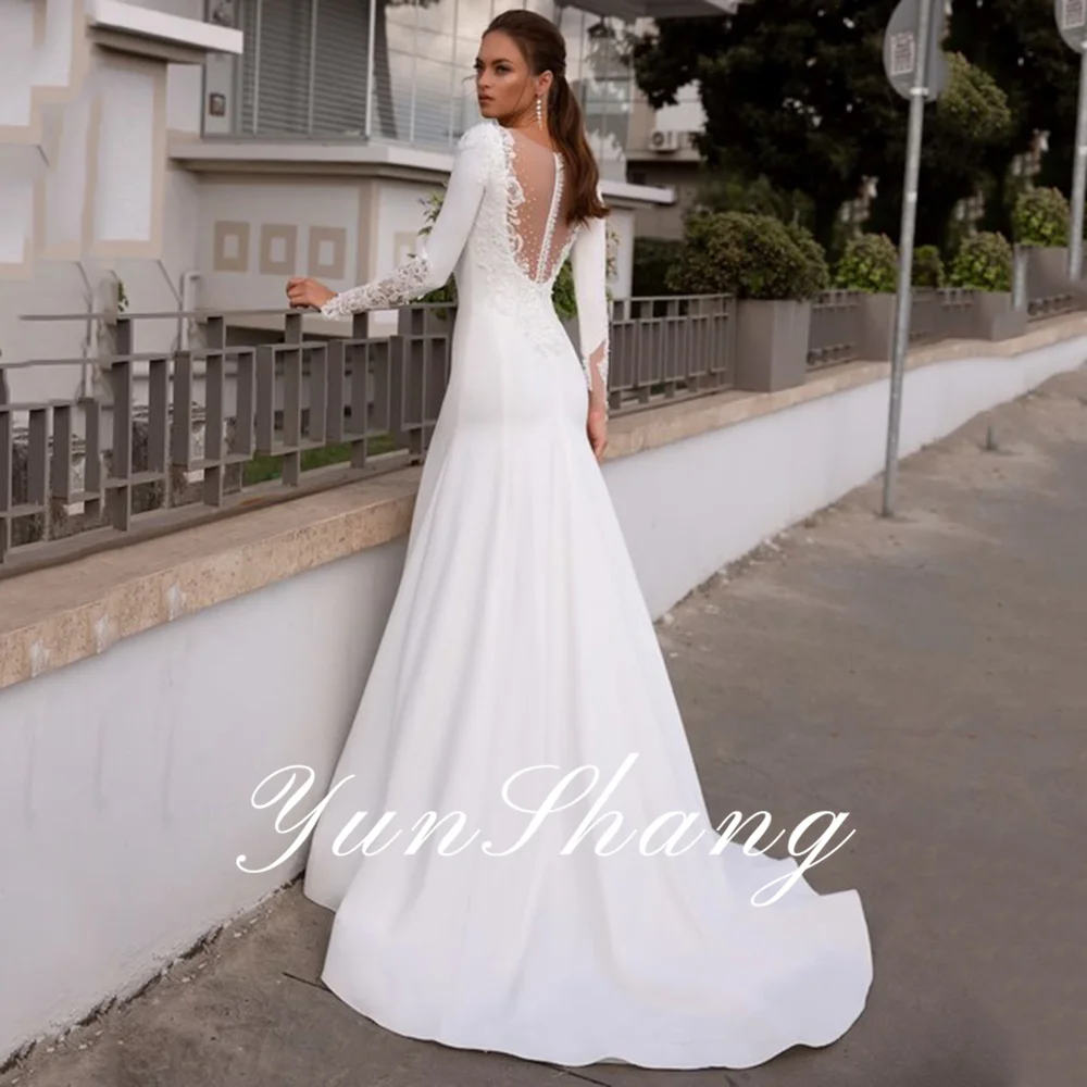 Vestido de novia elegante transparente con escote en V profundo, sirena, mangas largas, Apliques de encaje, vestido de novia moderno, ilusión, tren sin espalda personalizado