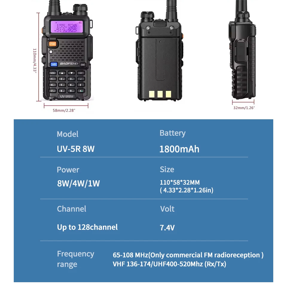 1/2 STKS BaoFeng UV-5R 8 W Tri-Power Walkie Talkie High Power Dual Band Lange afstand 128 CH Draagbare Handheld UV 5R Ham Twee Manier Radio
