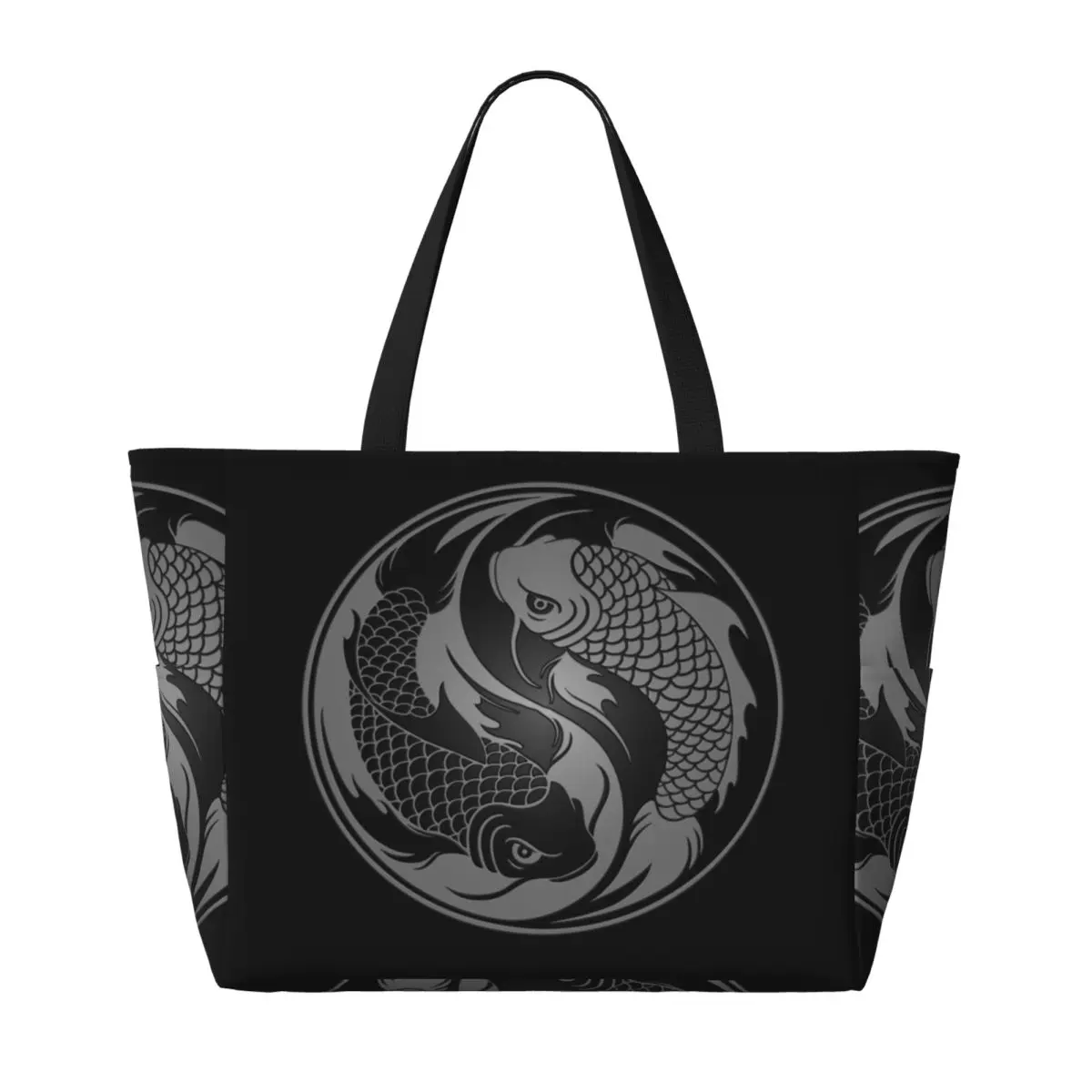 رمادي وأسود يين يانغ كوي الأسماك حقيبة حمل على الشاطئ حقيبة رياضية رياضة اليوغا واق من المطر كبير حمل حقيبة المرأة حقيبة سفر حقيبة اللياقة البدنية
