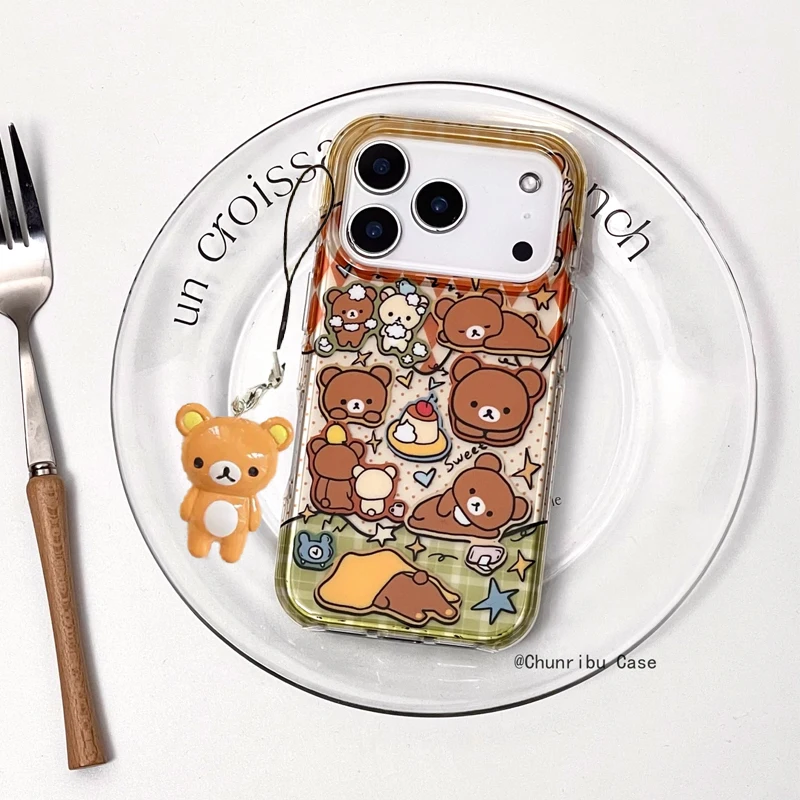 Japanese Korean Ins Cute Cartoon Cherry Pudding Easy Bear Phone Case For iPhone 17 16 15 14 13 12 11 Pro Max 78 Plus Mini Cover