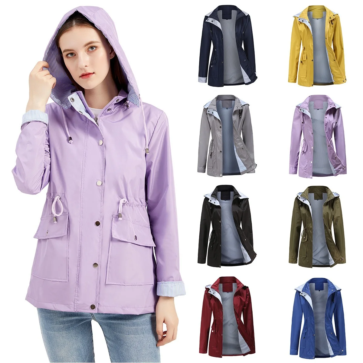 

Autumn New Detachable Hat Women Windbreaker Versatile Solid Color Female Casual Loose Waterproof Jacket