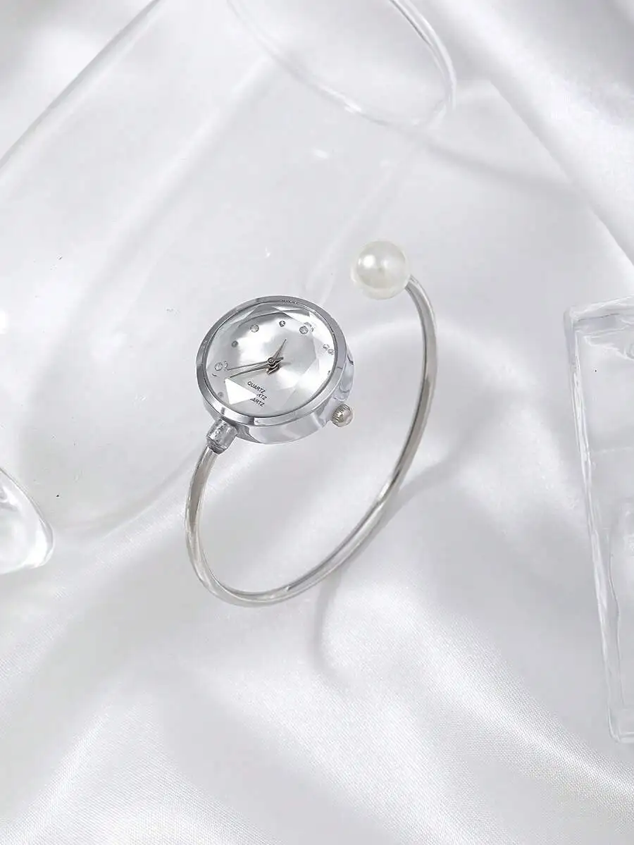 1pc Women's Fine Fiber Bracelet, 1 Large Pearl, Diamond Cut Glass Diamond Dial, Minimalist Quartz Watch Bracelet