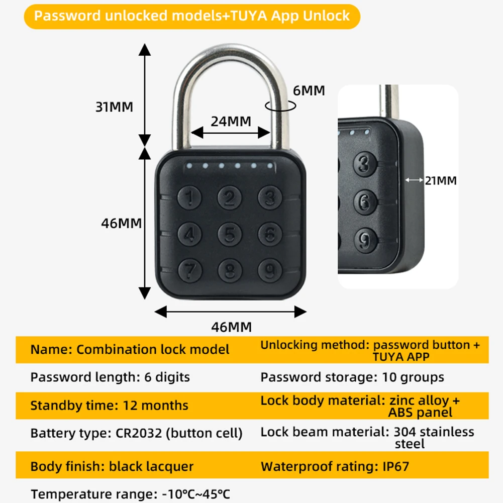 Tuya Padlock Password Electronic Lock Keyless Quick Unlock Digit Code Padlock IP67 Waterproof