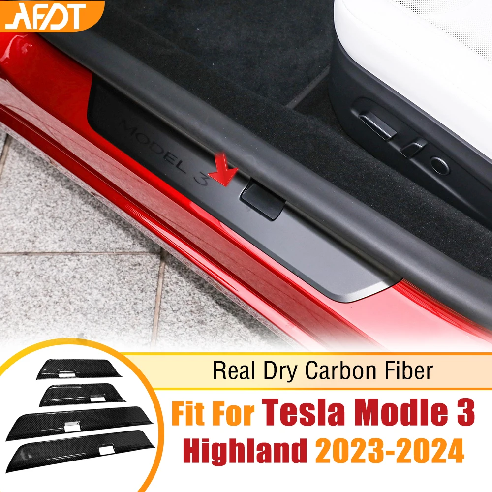 

AFDT For Tesla Model 3 Highland 2023 2024 Door Sill Trim Strip Cover Real Carbon Fiber Sticker Car Interior Moulding Accessories