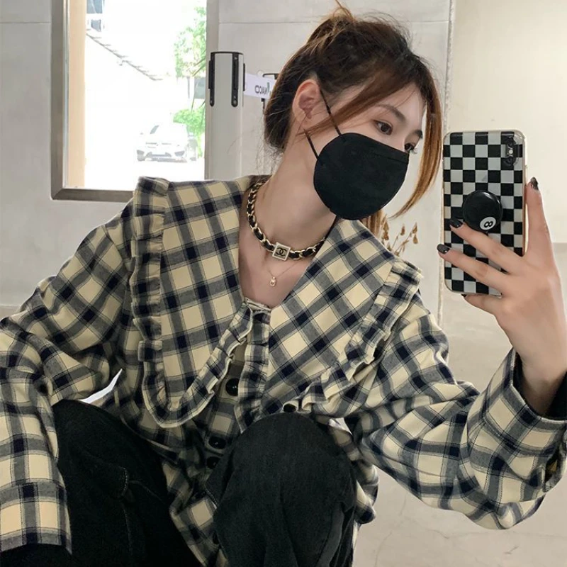 격자 무늬 셔츠 여성 피터팬 칼라 빈티지 패션 루즈 시크 카와이 한국 스타일 올 매치 학생 캐주얼 스트리트웨어 셔츠