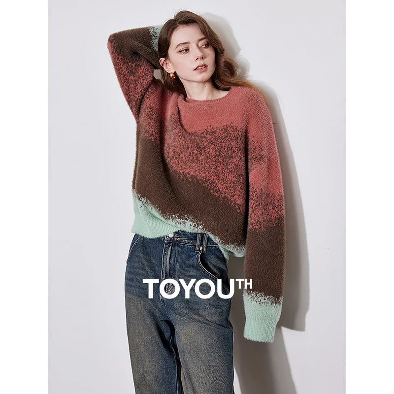 TOYOUTH Women Sweater 2024 Autumn Winter New Gradient Round Neck Long Sleeve Woolen Knitted Pullover Tops