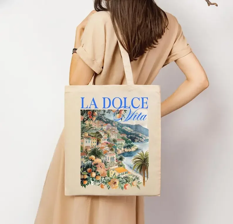

1pcs La Dolce Vita Canvas Bag Italian Style Canvas Tote Bag Vintage Italian Art Tote Bag Shoulder Shopper Bag Gift for Travelers