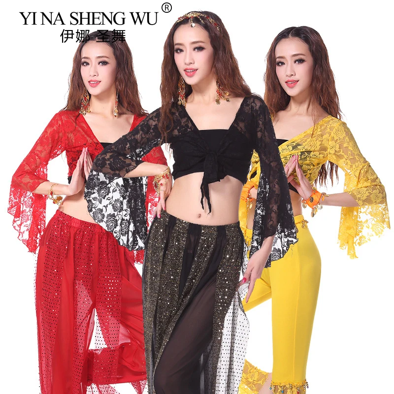 Belly Dance Top Women Lace-up Flare Sleeve Belly Dance Performance Top Sexy Front Cross Crop Deep V Neck Flare Sleeve Lace Top