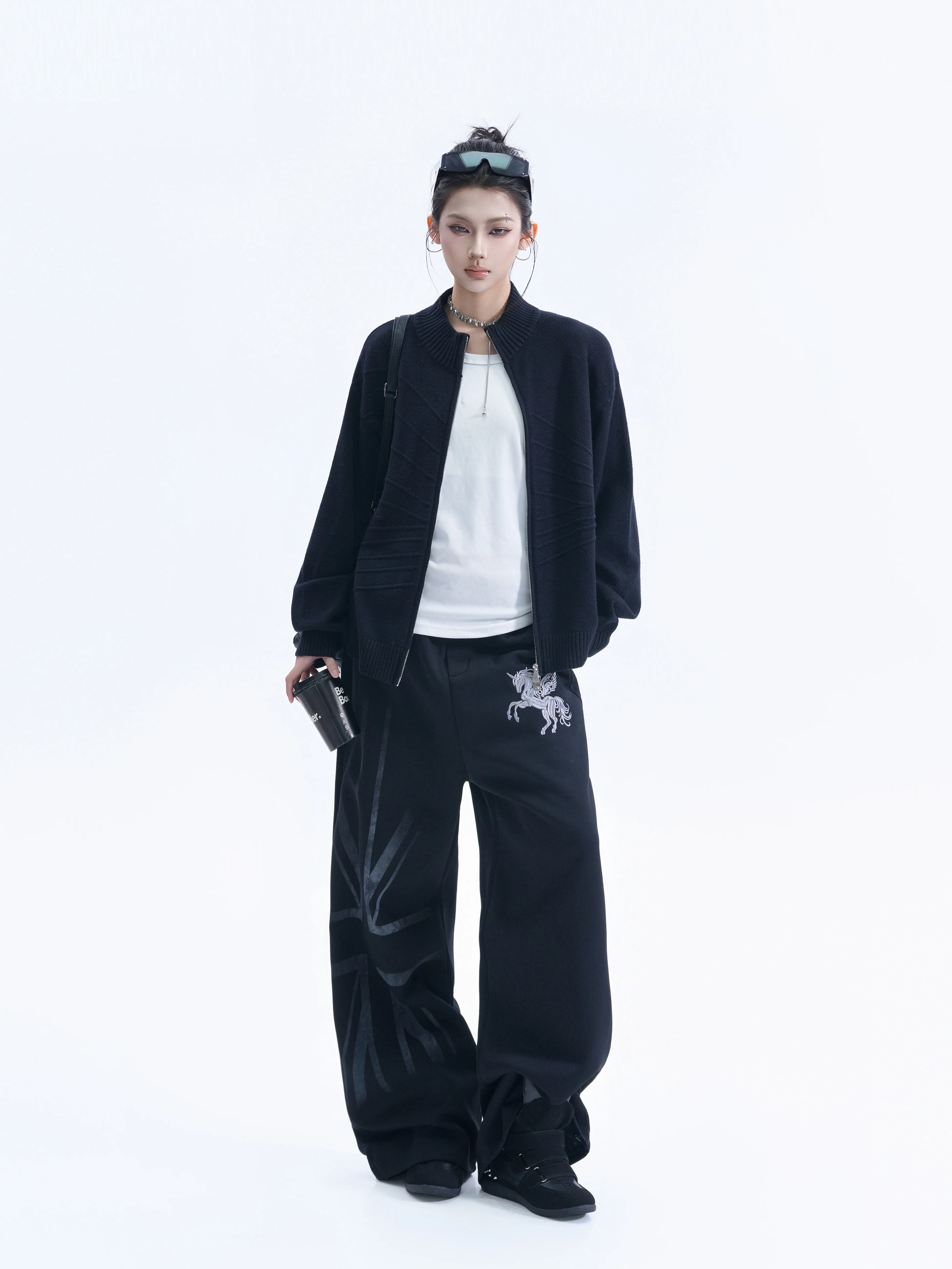 American Style Simple Stand Collar Zipper Knitted Open Cardigan Women Loose Casual Outerwear Long Sleeve Polyester Blend
