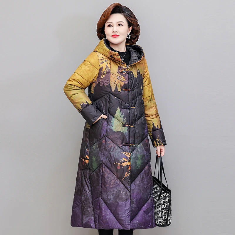 Chinese style Vintage Single Breasted Ultra Light Down X-long Coat Winter Women White Duck Down Jacket  ink painting Outwear