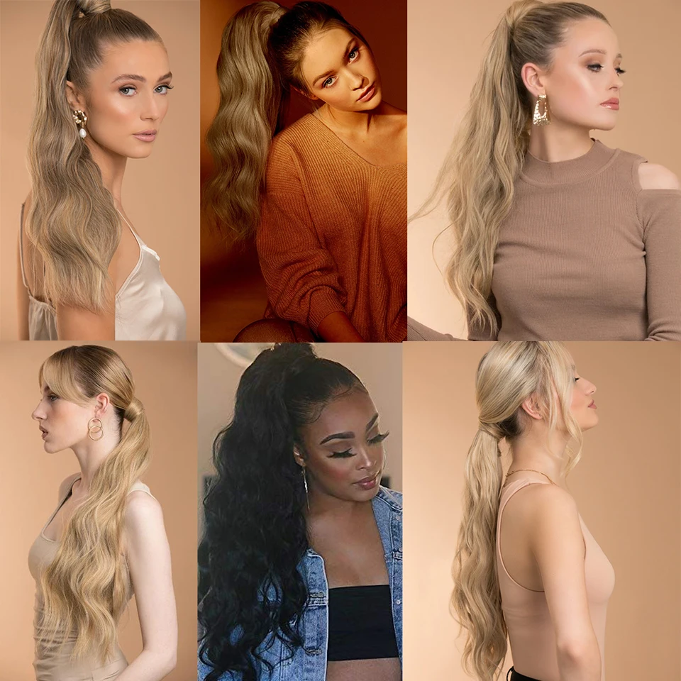 Extensión de cola de caballo sintética larga, onda Hollywood, cola de caballo envolvente, onda corporal con clip, rubia para mujer 5