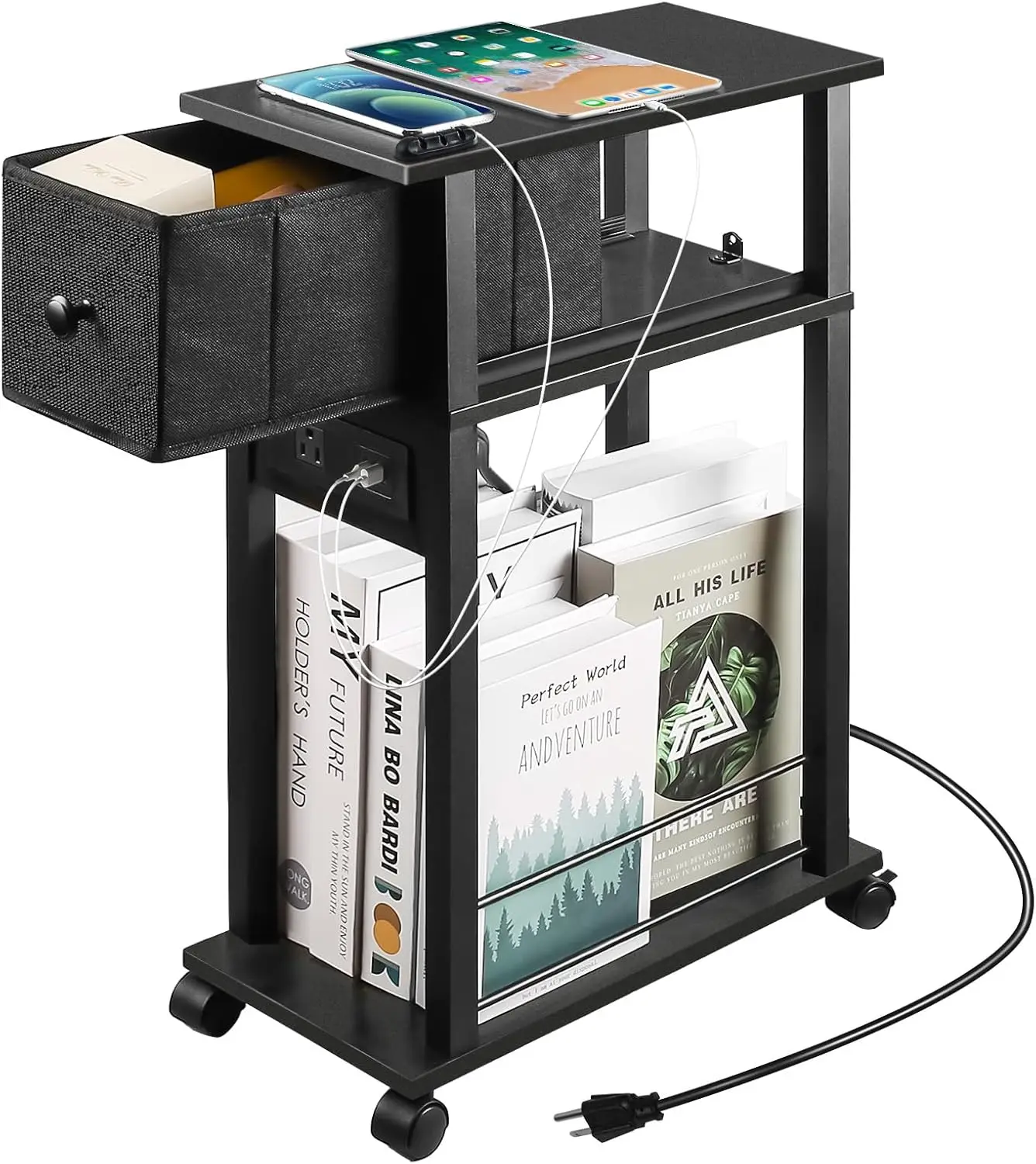 

Side Table with Charging Station and Drawer, Narrow End Table with USB Ports and Outlets for Small Space, Living Room, B