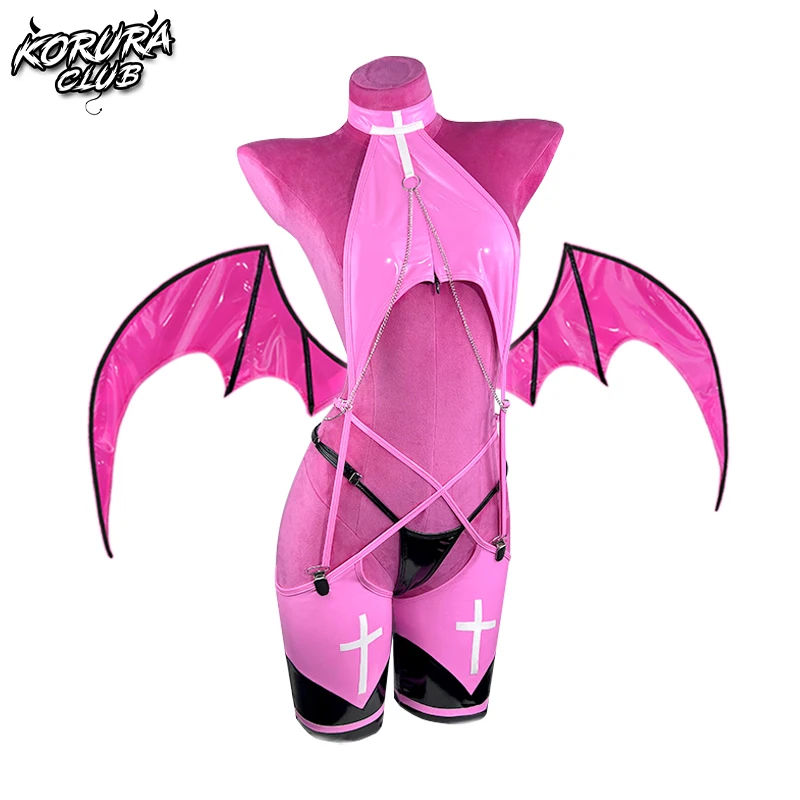 KORURACLUB Succubus Little Devil da donna Costume cosplay uniforme sexy lingerie Materiale PU Ali di pipistrello (set da 8 pezzi)