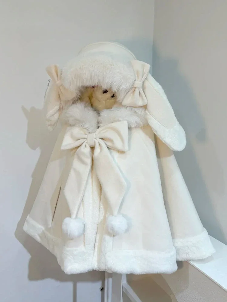 Y2k Aesthetic Cloak with Hooded Women Faux Fur Ear Hooed Coat Kawaii Sweet Bow Jackets Oversized Harajuku Grunge Capes Vintage