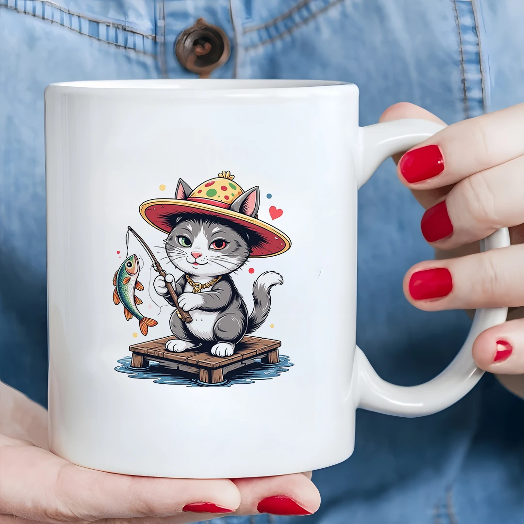 

Cartoon Kitten Fishing Illustration 11oz Mug Kids Hot & Cold Beverage Cup Personalized Christmas Gift Family Office Creative Cup