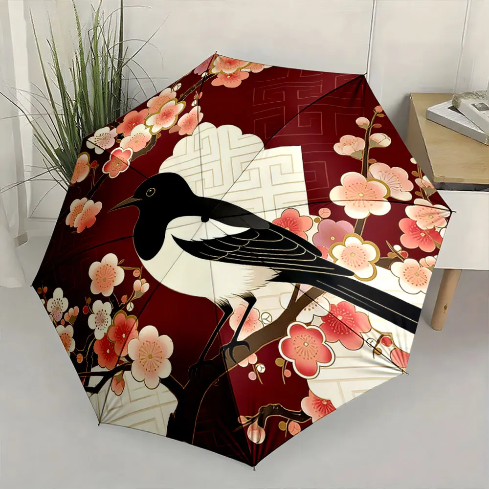 1PC Elegant Umbrella Design Featuring a Bird and Cherry Blossoms Print 8 Iron Ribs Folding Umbrella Auto-Open Fashion Sunshade
