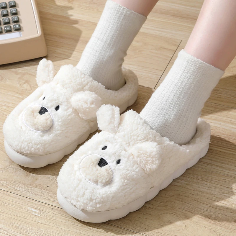 Cute Cartoon Bear Plush Slippers for Women 2024 Winter Warm Faux Fur Home Shoes Woman Thick Sole Non Slip Indoor Fluffy Slippers