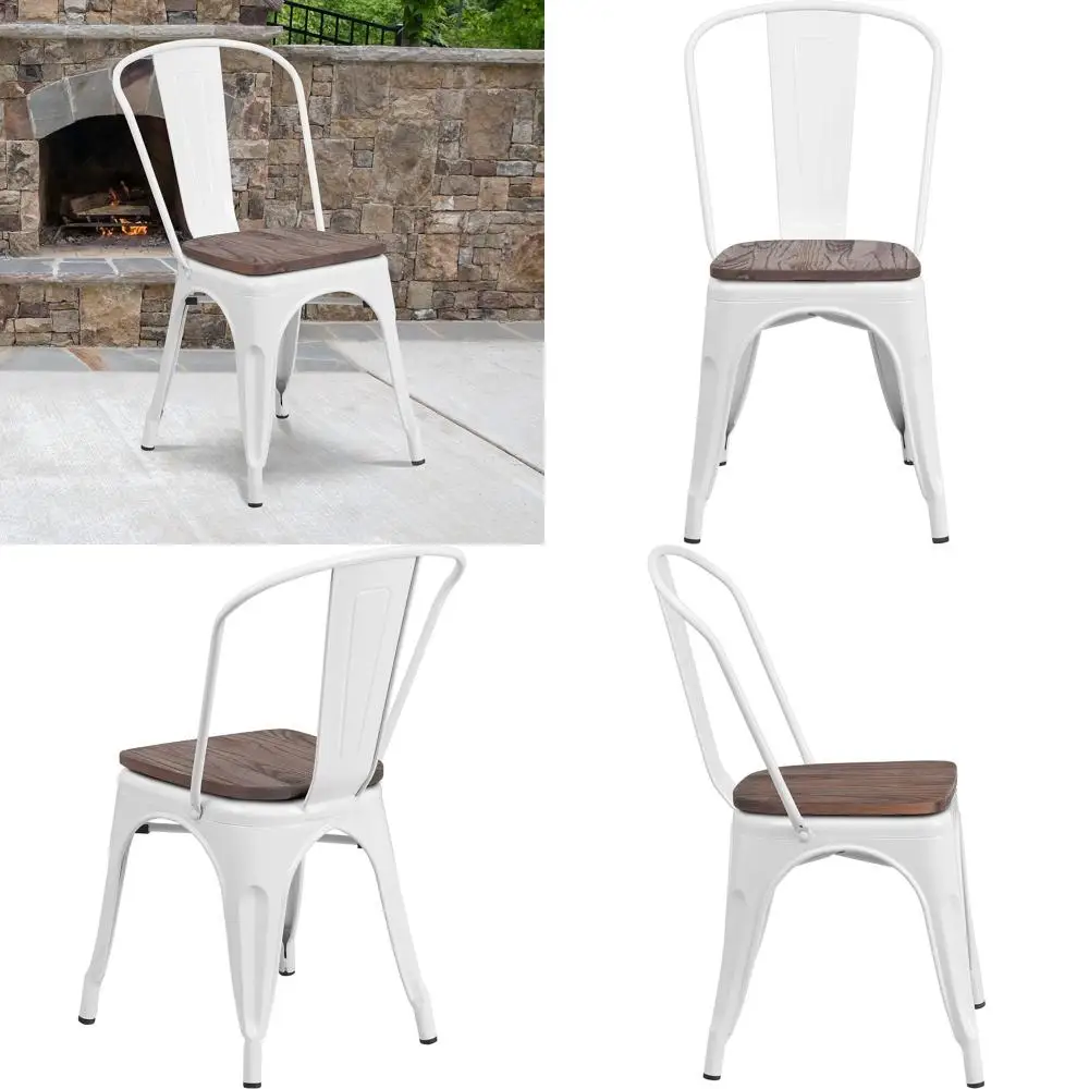 

Складной белый металлический стул с деревянным сиденьем
