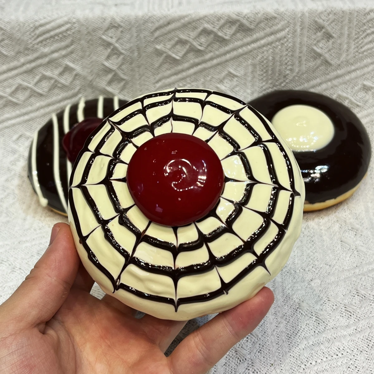 Picture 3: 10cm Handmade Fake Jam Donut Model Ultra Realistic Glazed Doughnut with Fruit Filling for Display Photography Bakery Decor