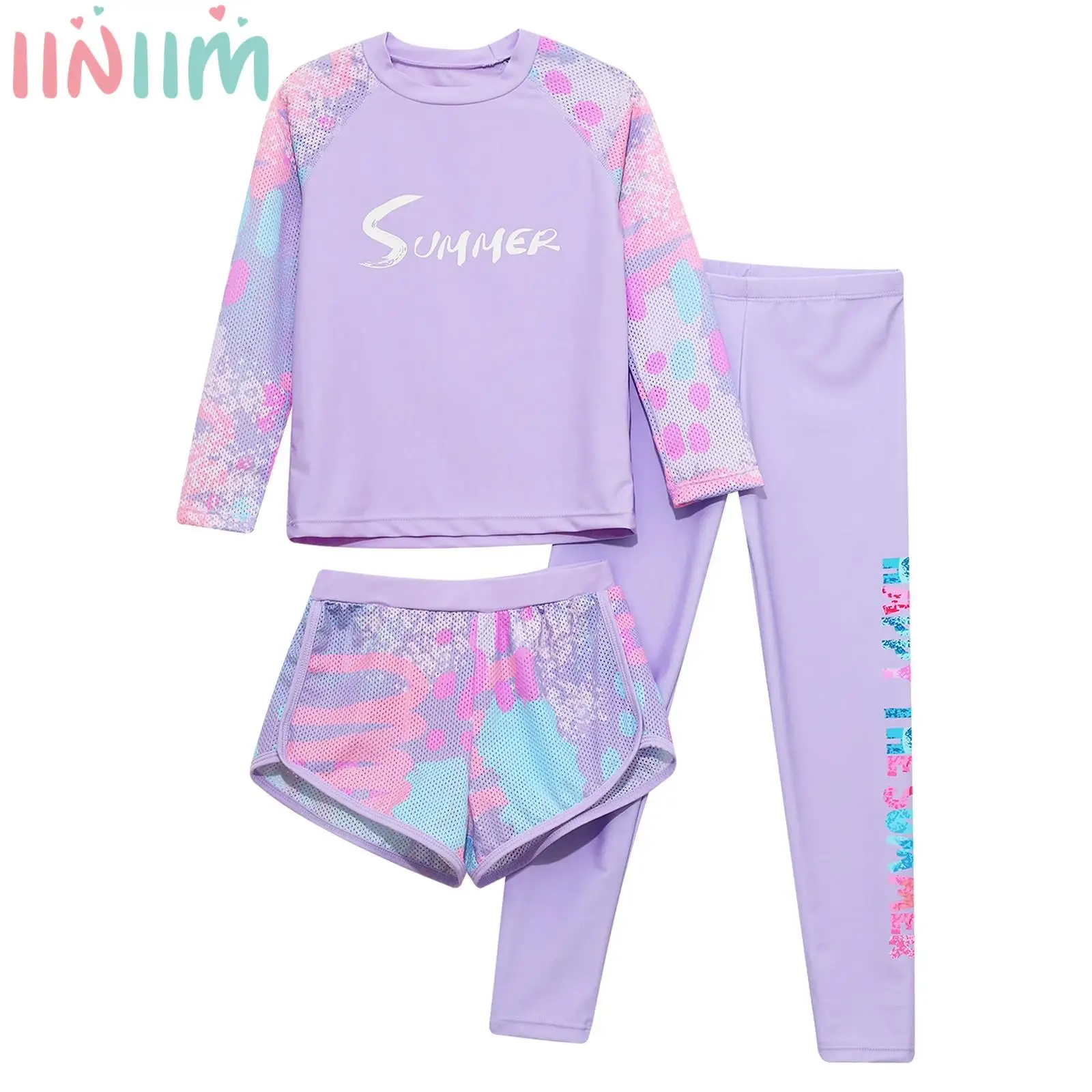 

Kids Girls 3Pcs Swimsuit Long Sleeve Swim Shirt Top Shorts and Pants Swimwear Pool Beach Swimming Sun Protection Rash Guard Set