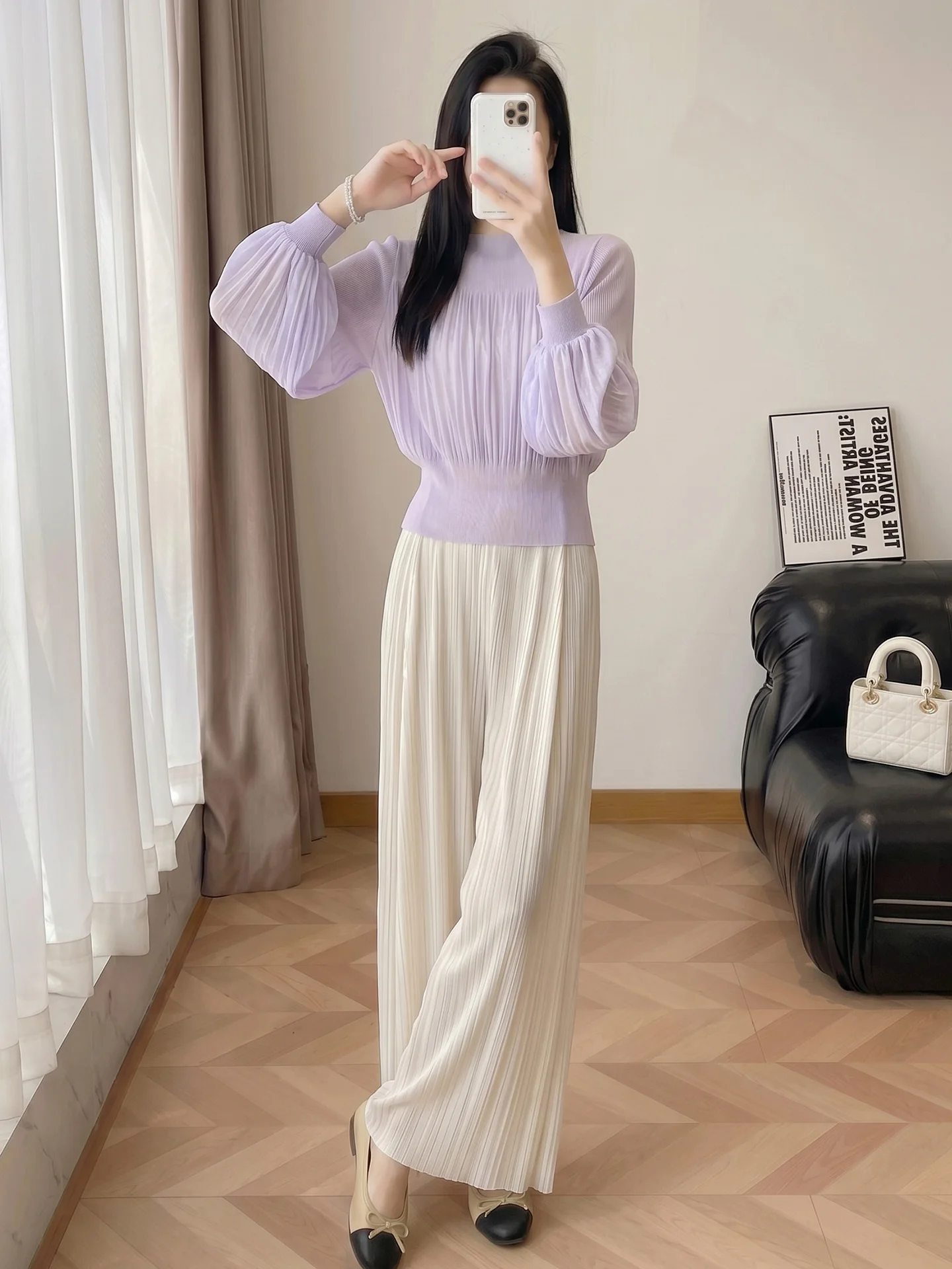 Spring New Women's Soft Purple Gathered Waist Slimming Top Lantern Sleeve Casual Style Polyester Fabric Breathable Thin T-shirt