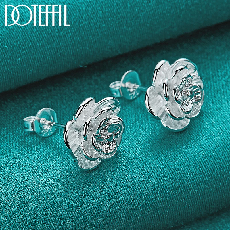 DOTEFFIL 925 Sterling Silver Rose Flowers Stud Earring For Woman Fashion Wedding Engagement Jewelry