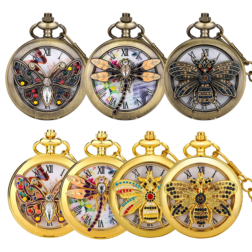 Vintage Elegant Butterfly/Dragonfly/Bee Hollow Quartz Pocket Watch Fob Chain Pendant Clock Necklace Retro Timepiece Gift Unisex