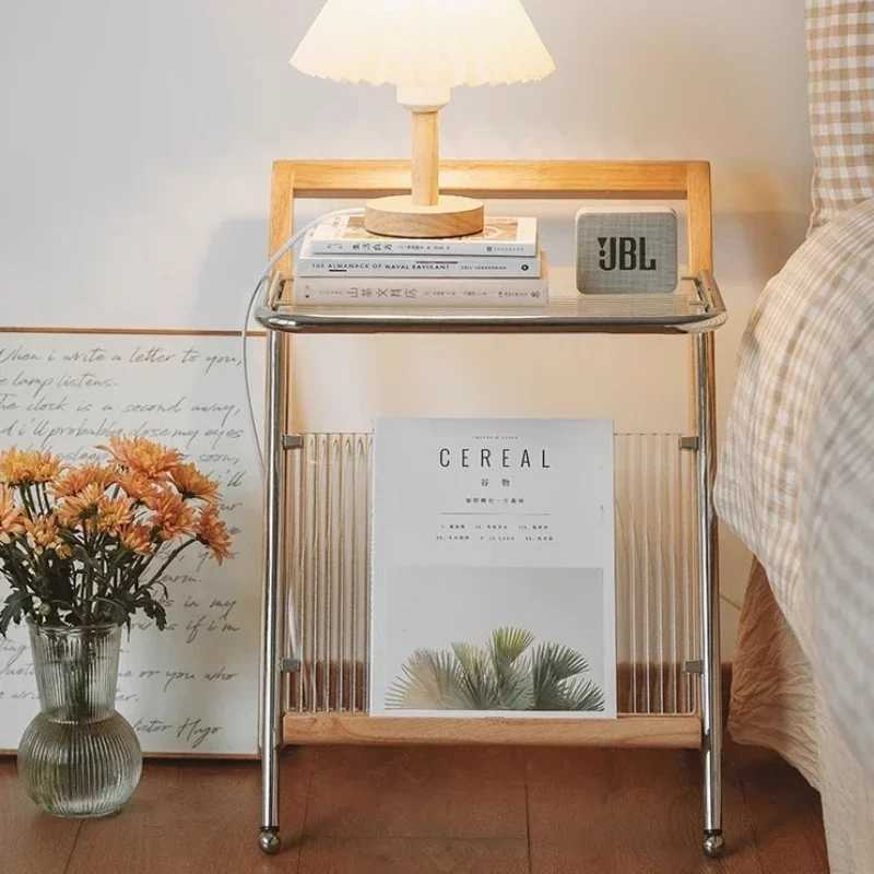 Retro Multi-Functional Side Table with Magazine Rack, Industrial-Style End Table with Metal Grid Top & Storage Compartment