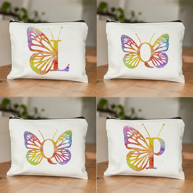 

Colorful Butterfly Initial Pattern Makeup Bag Aesthetics Cases Travel Organizer for Girl Children Stationery Travel Cosmetic Bag