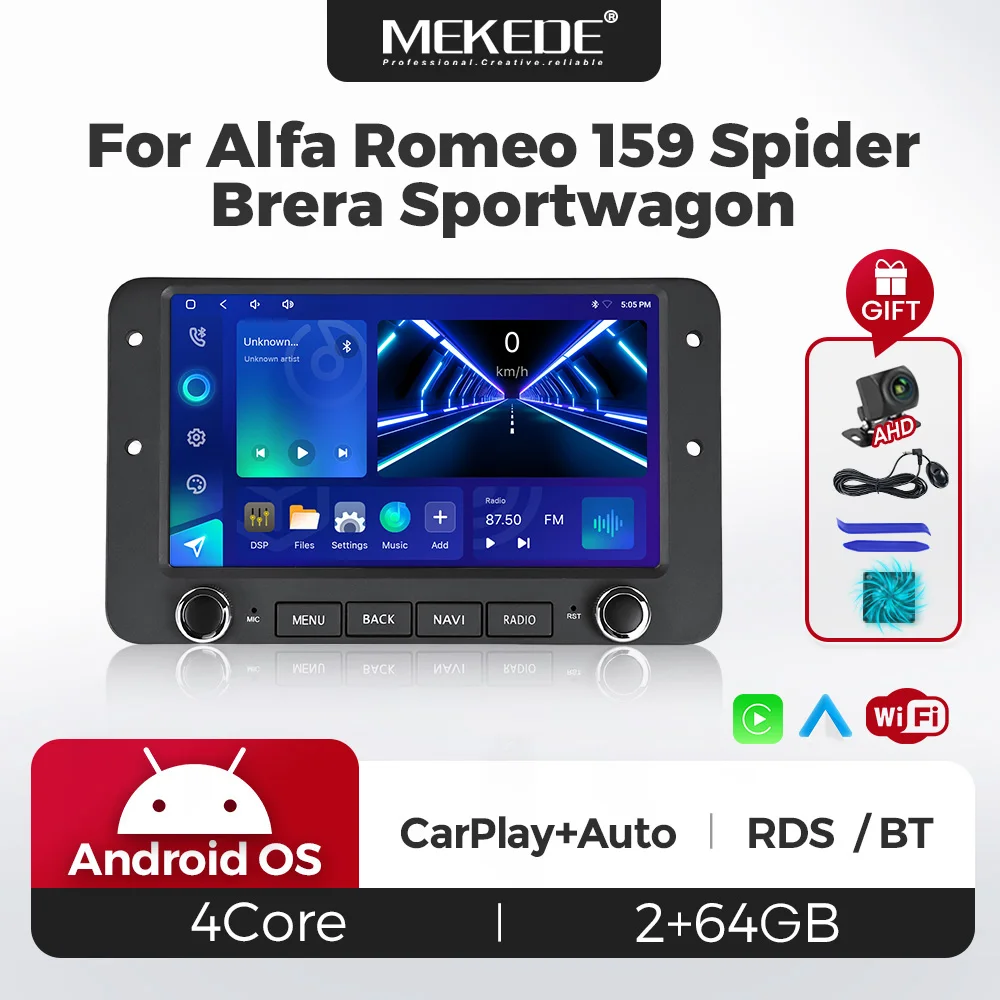 Radio para automóvil con CarPlay y Android Auto de MEKEDE, compatible con Alfa Romeo 159, Brera, Spider y Sportwagon. Sistema de navegación GPS Android, reproductor multimedia, pantalla táctil, conexión WiFi, reproductor de video, unidad principal, sistema de audio estéreo, sistemas inteligentes.