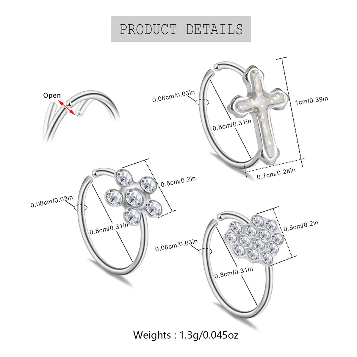 Stainless Steel Nose Ring Hoop Stud Paved CZ Cross Heart Flower Crawler Nose Ear Cartilage Nose Ear Piercing Hoop