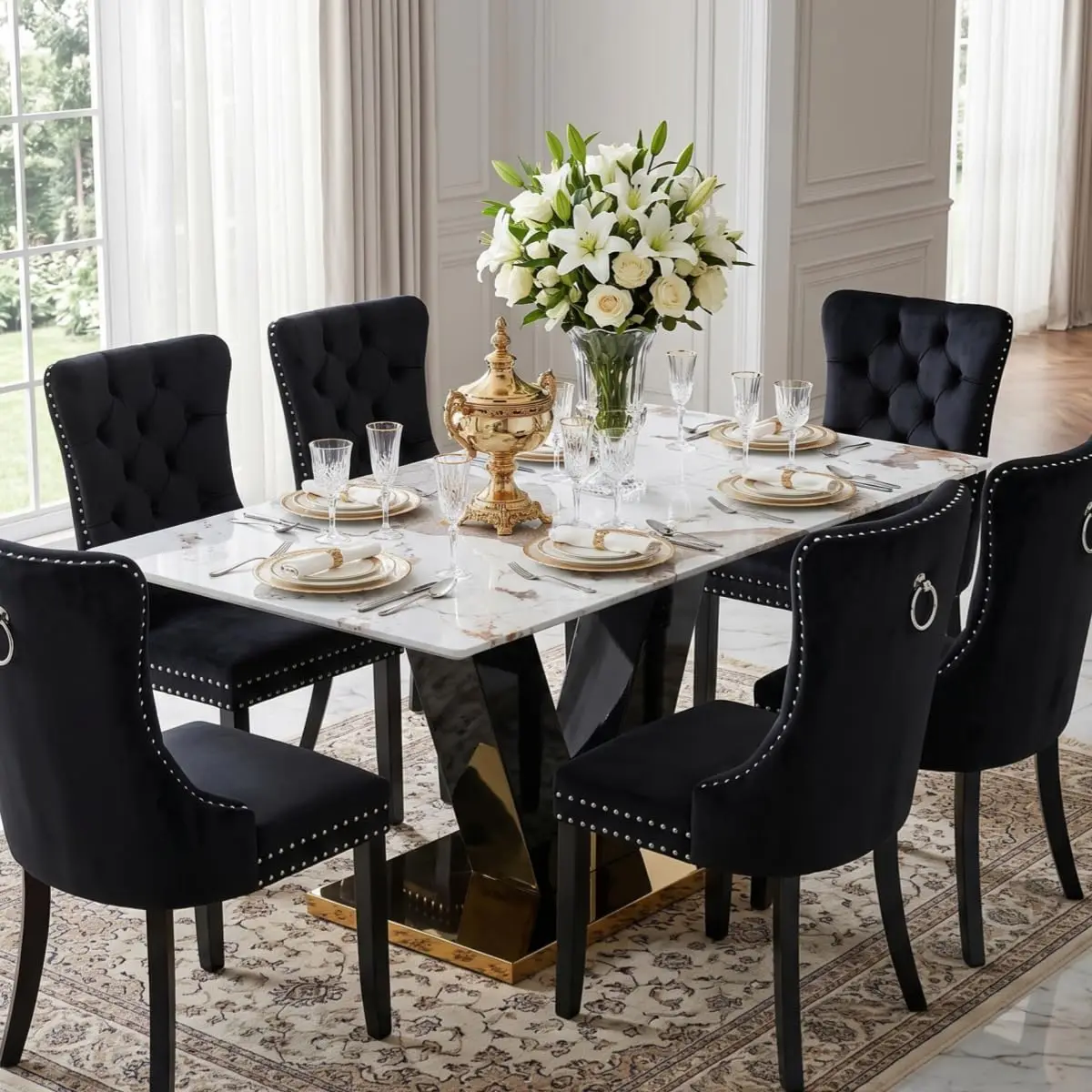 71" Modern Marble Dining Table with Golden Stainless Steel Base for 8 People, Custom