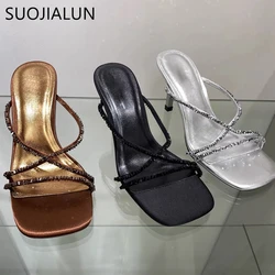 SUOJIALUN 2022 New Brand Women Slipper Fashion Carystal Narrow Band Ladies Sandal Round Toe Thin High Heel Elegant Slides Shoes