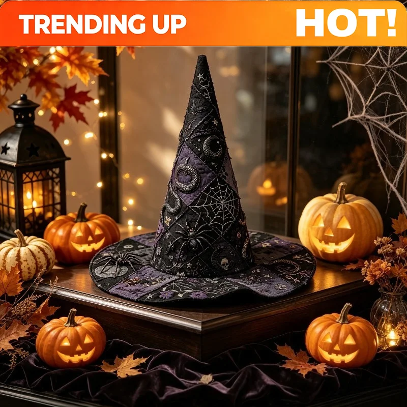 Customization Quilted, Colourful Patchwork Halloween Witch's Hat, Featuring Prints Of Pumpkins, Spiders And Snakes; Unisex Wizar