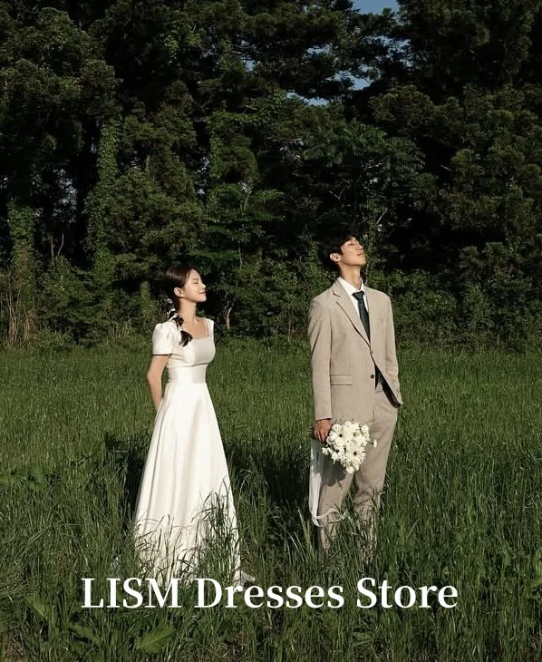 LISM Square Collar A-Line Korea Wedding Dresses Simple Photo Shoot Soft Satin Elegant Event Gowns웨딩드레스 Customized Corsets