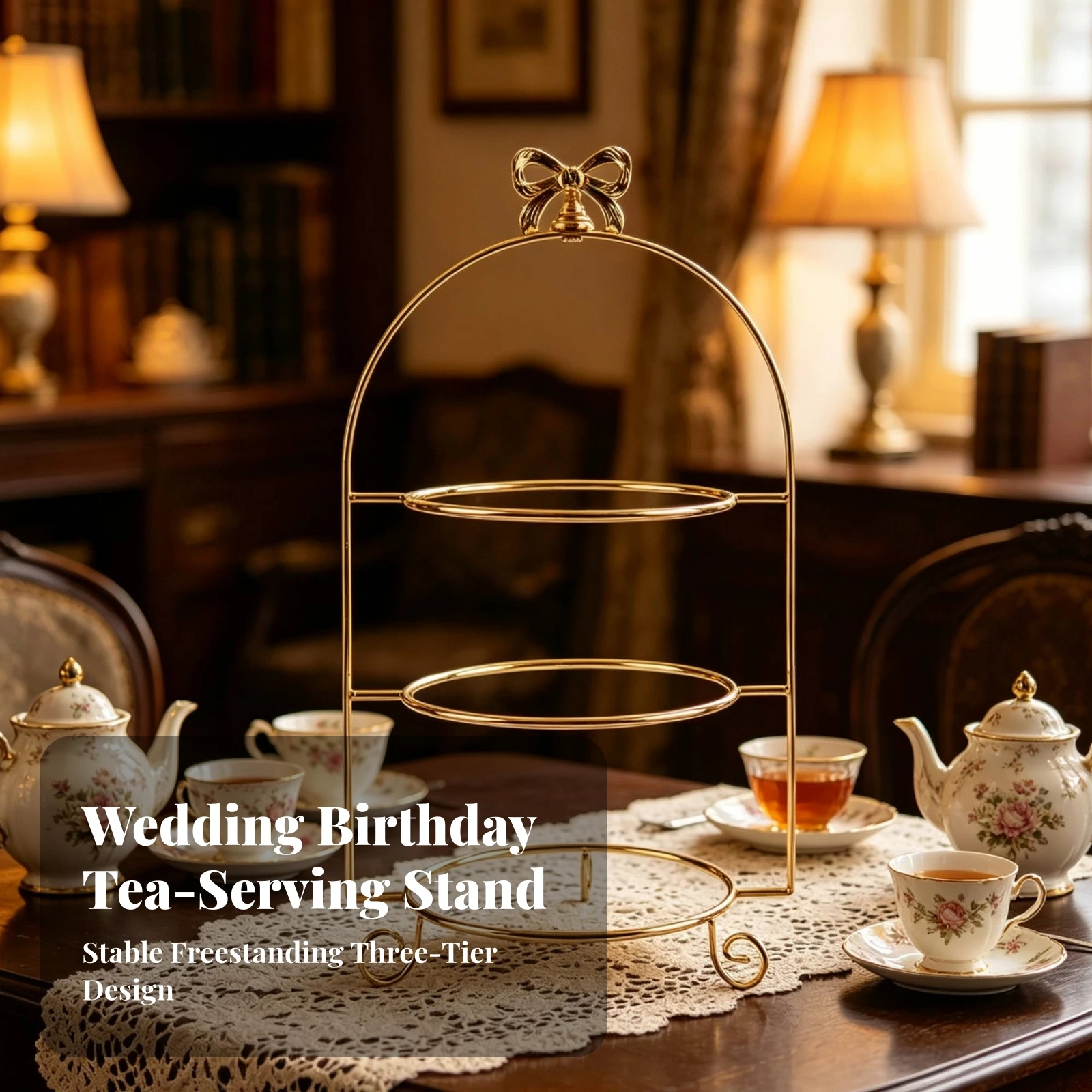 Dessert Display Stand with Bow Top Easy to Assemble Tiered Serving Platter with Frame Dessert Tiered Stand Space-Saving
