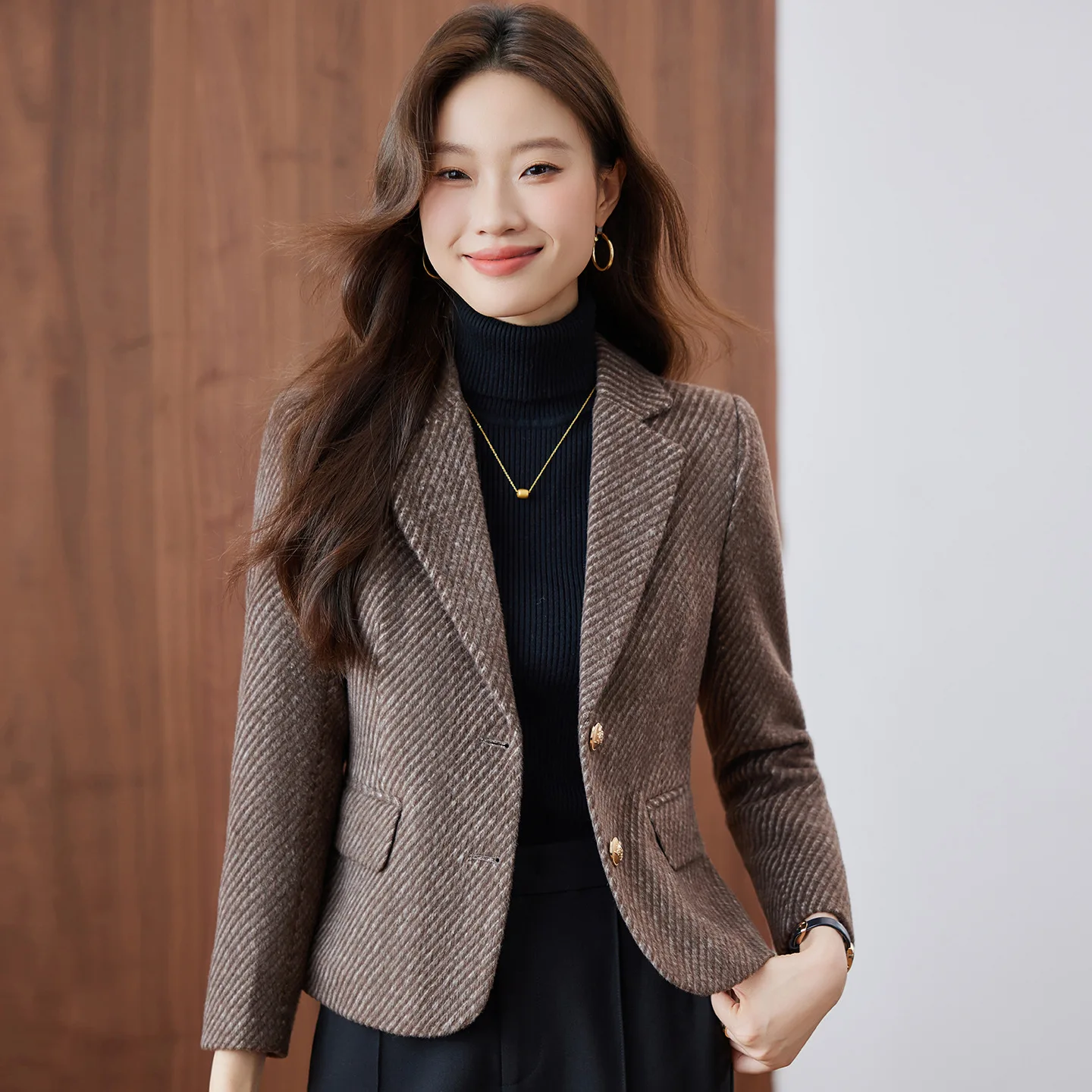 Women's Blend Wool Jackets New Silm Short Stripes Suit Jacket Autumn Winter Ladies Woolen Blazer Female Casual Tops Outerwear