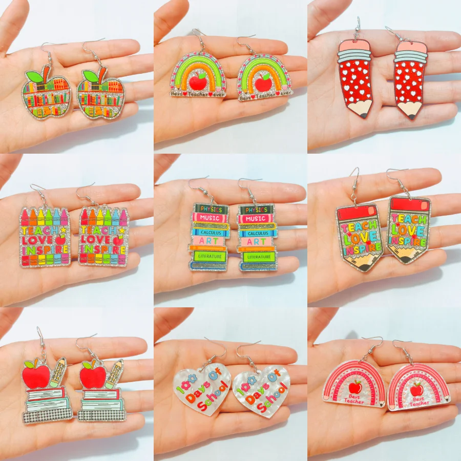 1 paar glitterpotlood leren liefde inspireren regenboog acryl bedels epoxy appelboeken leraar hanger voor doe-het-zelf sieraden schoolcadeau