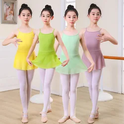 Summer Kids Spaghetti Strap Ballet Leotards with Chiffon Skirt Nylon Dress Skirted Gymnastics Clothes for Girls Party Dancewear