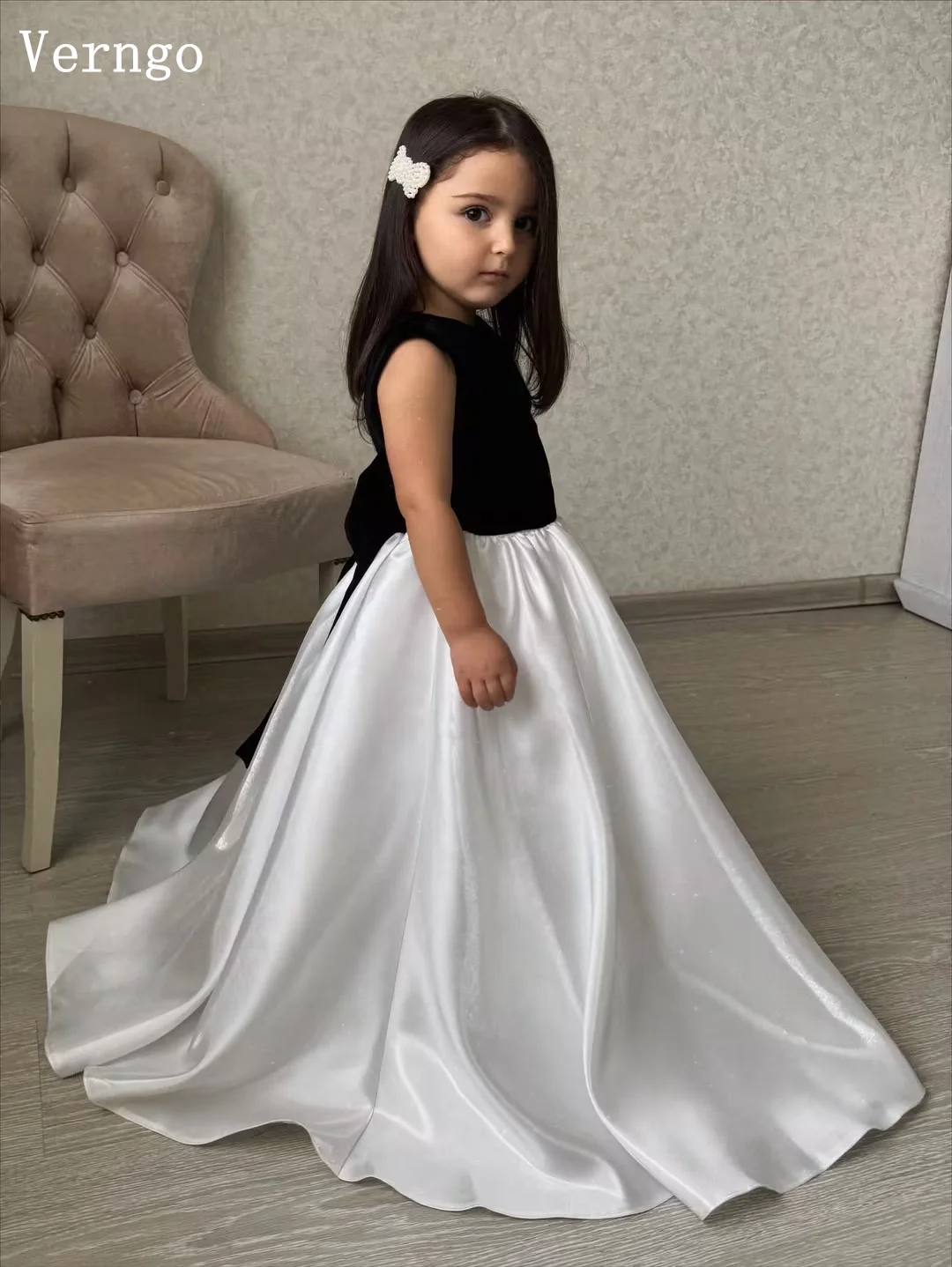 فستان Verngo lvory من الساتان للفتيات على شكل زهور برقبة دائرية على شكل حرف A فستان حفلات أعياد الميلاد بفيونكة الأميرة سويب تراين فساتين حفلات للأطفال مخصصة #5