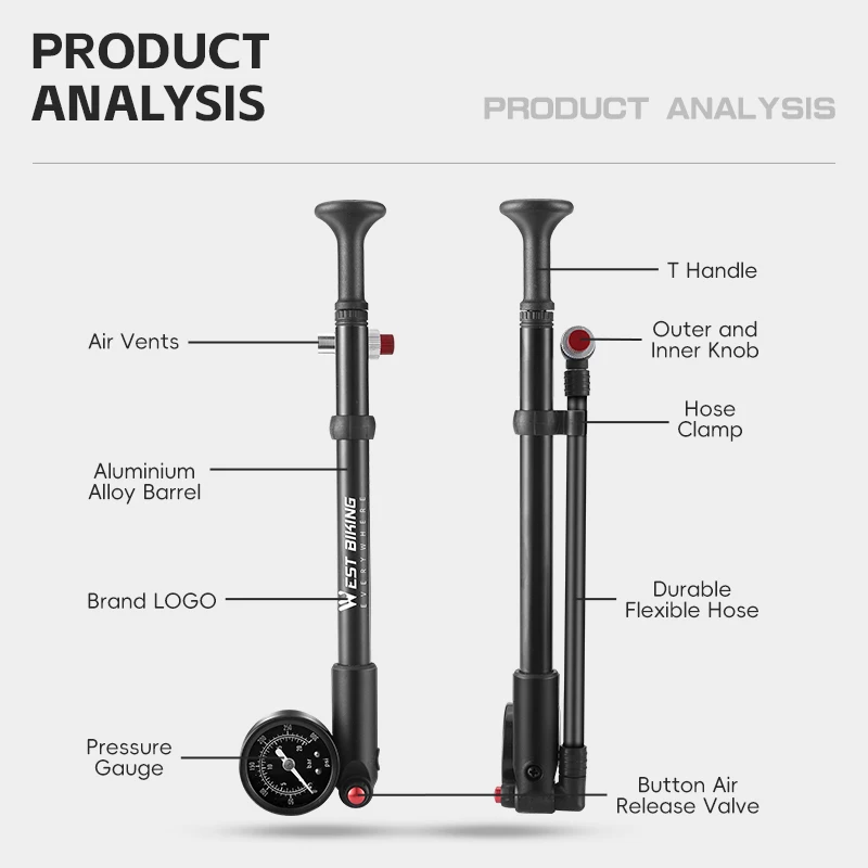 WEST BIKING Bicycle Front Fork Pump with Gauge High Pressure Pump Mountain Bike Inflatable Schrader Valve Cycling Bike Inflator