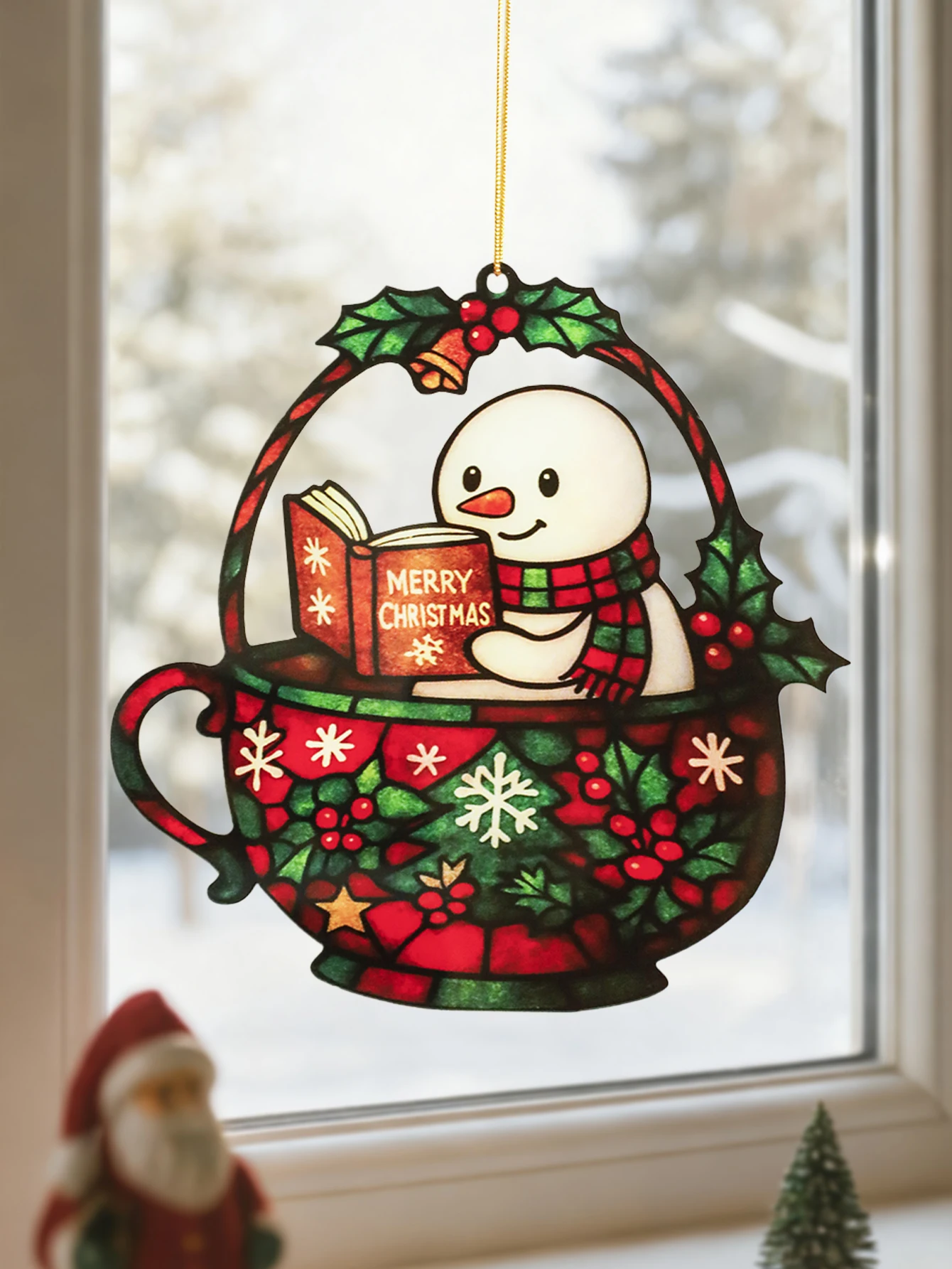 Fensterdekoration aus Acryl zum Aufhängen – süßes Schneemann-Lesebuch, rotes und grünes Teetassen-Design, festliche Dekoration für Weihnachtsbaum und Heimdekoration