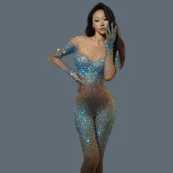 Sparkling Blue Diamonds Jumpsuit for Birthday Celebration Luxurious Playsuit Attire Dancer Performances Costumes Tiaotiaotang