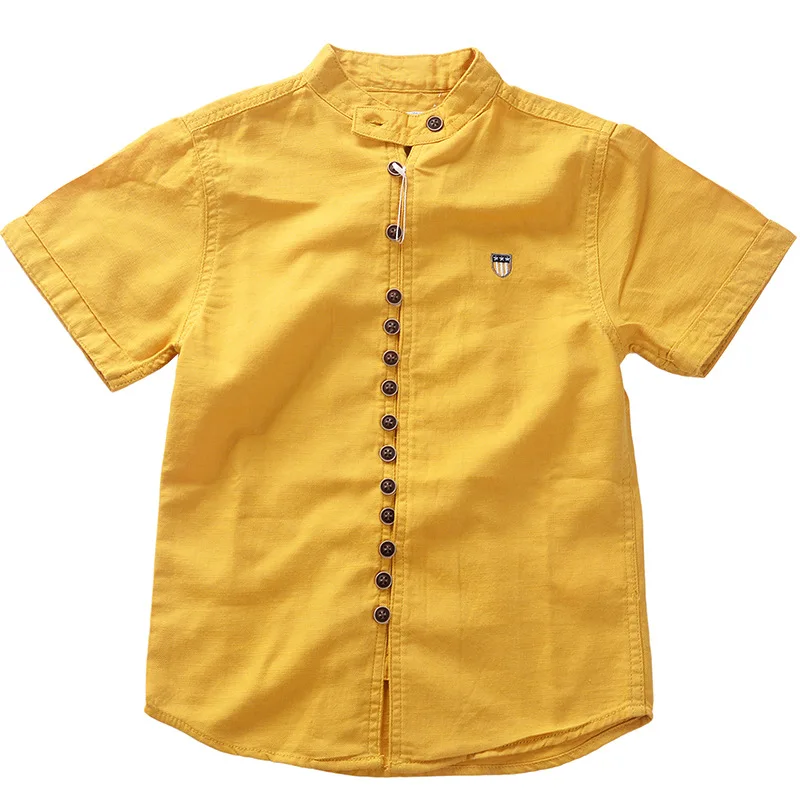 Teen Boys Yellow Shirt Cotton Linen Blend Teenager Tops Children Tshirt Summer Kids Clothes