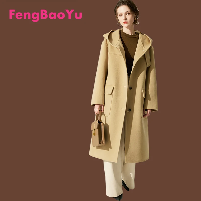 Double-sided Cashmere Women Coat Autumn Winter Camel Hooded Wool Coat Outdoor Warm Loose Plus Size 3XL Winter High-end Clothing