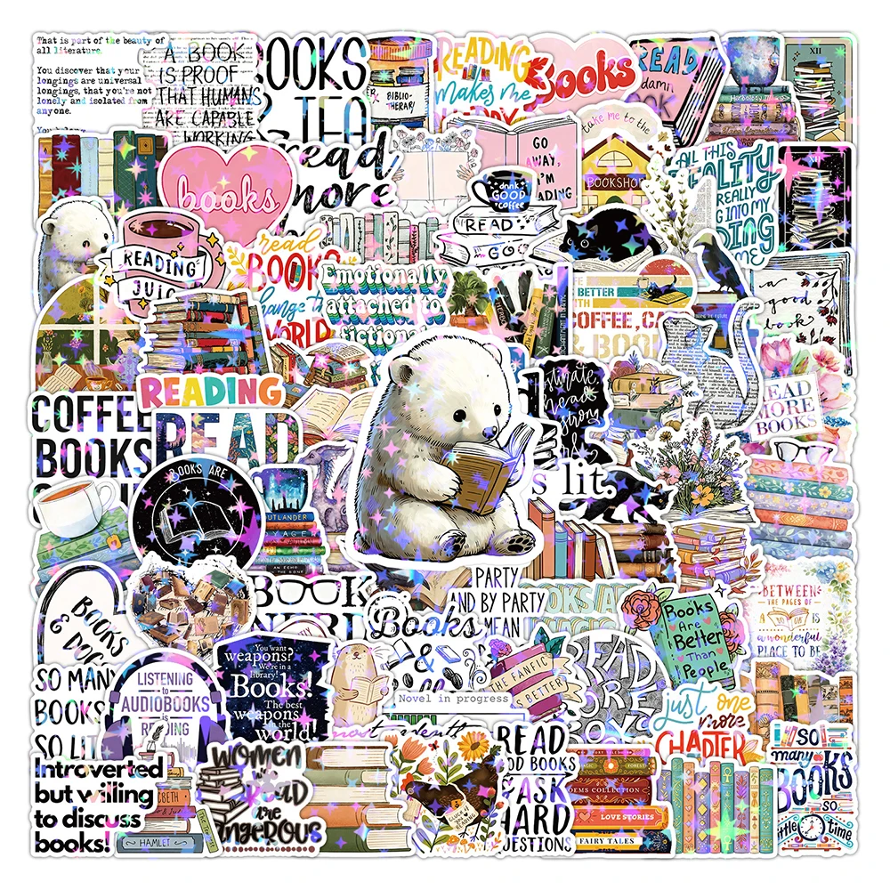 

10/30/50/100pcs Holographic Cartoon Reading Book Stickers DIY Skateboard Luggage Guitar Cute Aesthetic Graffiti Sticker for Gift