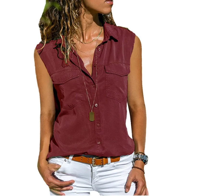 Letni top damski Casual Solidna bluzka bez rękawów Skręcić w dół kieszenie Przyciski Klapa Wszechstronne t-shirty Modna ulica Outdoor