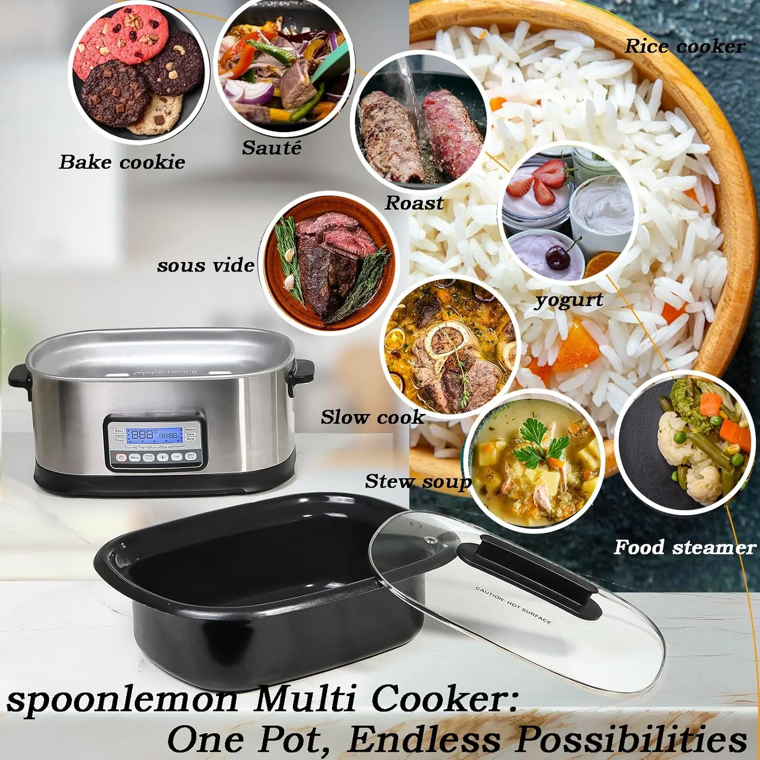 Digital Programmable Slow Cooker With Bake, Sauté, Roast, and Sous Vide functions, 1500W Timer&Temp Control,Dishwasher Safe Lid&